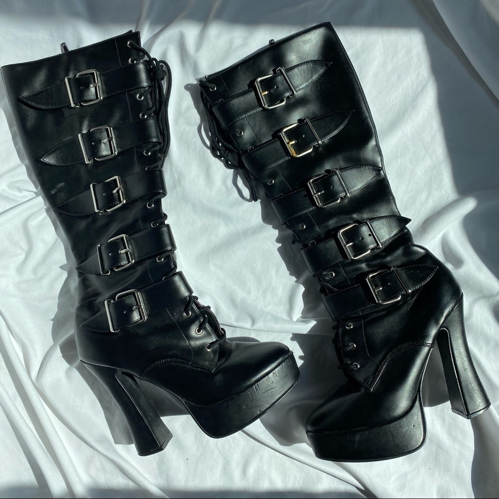 Y2K Black Star Buckle Straps Plush Trim Platform Boots